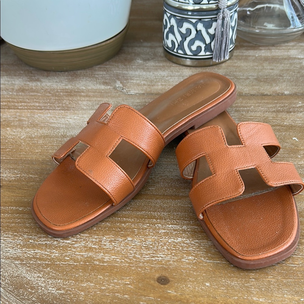 Women's Cognac Slide Sandals - Open H Strap